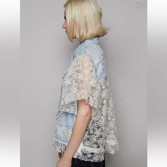 Last one 🩵POL. New. Denim and Lace Patchwork Peace Jacket - Picture 3 of 4
